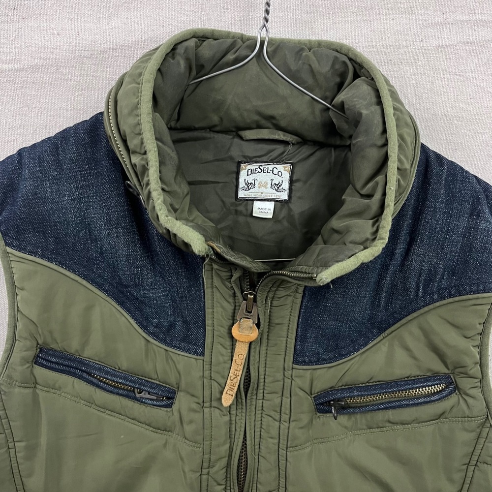 Diesel Puffer Vest Mens S Olive Green Denim Western Yoke Teflon Quilted Hooded